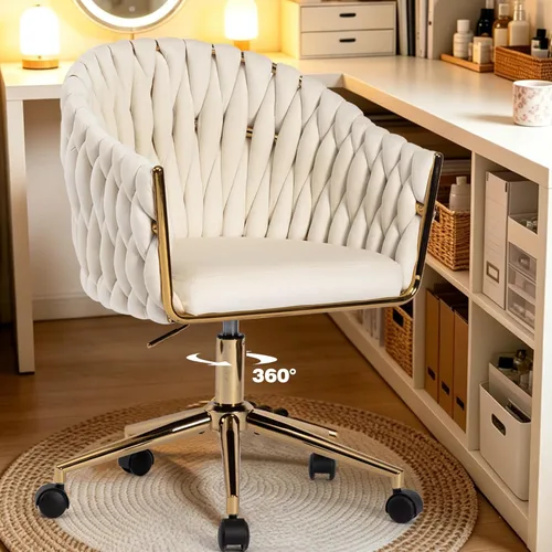 Miniatura 9 de Silla de Oficina de Terciopelo Tejida a Mano, Sillas de Escritorio de Tocador Beige con Ruedas Doradas, Silla Giratoria de 360° para Oficina en Negro