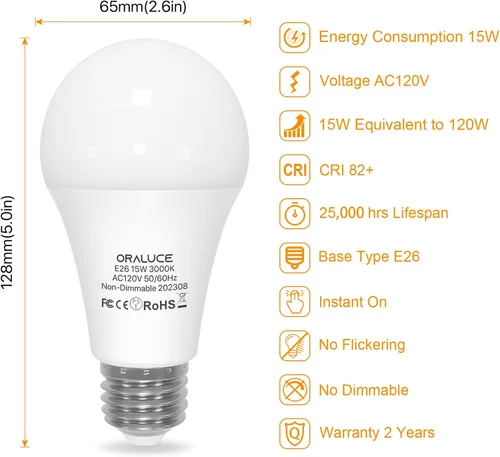 Miniatura 2 de ORALUCE Bombillas LED de 100 vatios, equivalente a 120 vatios, 15 W, 1600 lúmenes, 3000 K, bombillas LED blancas suaves, base media E26, no Blanco