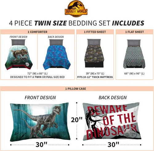 Miniatura 4 de Jurassic World Dominion Blue Velociraptor y Rexy T-Rex - Edredón reversible de microfibra súper suave, tamaño individual, ropa de cama de Franco