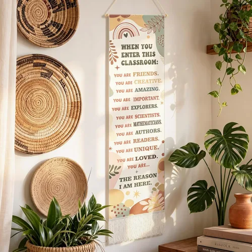 Miniatura 2 de Geetery Boho Classroom Rule Decor Class Welcome Door Sign Tapestry Wall Hanging Motivational Vertical Narrow Wall Art Inspirational Long Tassel