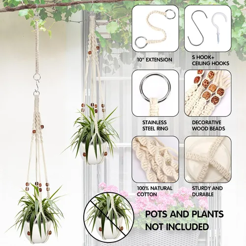 Miniatura 5 de Augshy Colgador de plantas de macramé, 2 piezas de soporte colgante para plantas con extensor, colgadores de plantas para decoración de interiores