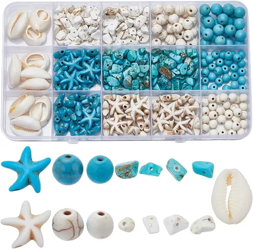 Miniatura 6 de SUNNYCLUE 1 Caja 540 piezas Kit de Cuentas Oceánicas Vidrio Verano Pez Estrella de Mar Dijes Azul Hawaii Animales Marinos Dije Cuentas de Semillas