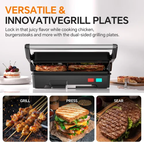 Miniatura 5 de Panini - Parrilla de prensa, sandwichera de 1000 W con placas revestidas antiadherentes, abre 180 grados para cualquier tamaño de alimentos