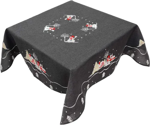 Mantel de muñeco de nieve para vacaciones de Navidad, bordado a máquina en tela de color gris oscuro (cuadrado 51 pulgadas)
