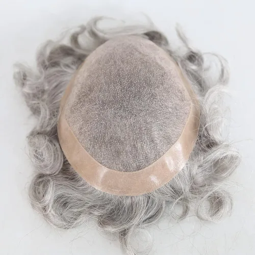 Cabello humano tipo tupé para hombre, 8 x 10 pulgadas, #5 mezclado 80% gris, postizo para hombres de repuesto fino mono #5 Mezcla 80% Gris