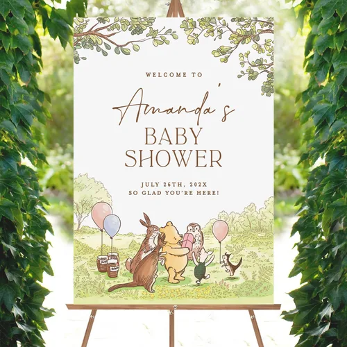 Miniatura 4 de Letrero personalizado para baby shower de oso Pooh, diseño clásico de vegetación personalizada, letrero de bienvenida para patio de baby shower