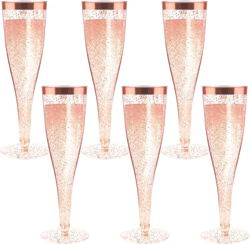 Miniatura 8 de Copas de champán desechables, 6 piezas de purpurina de oro rosa con borde de oro rosa, copas de champán de plástico para fiestas, copas de champán