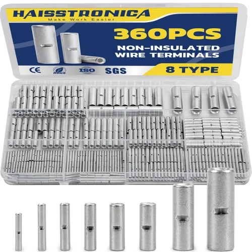 Haisstronica Kit de conectores a tope no aislados 360pcs conectores a tope para cableado de cobre puro AWG26-6 conector de crimpado de alambre