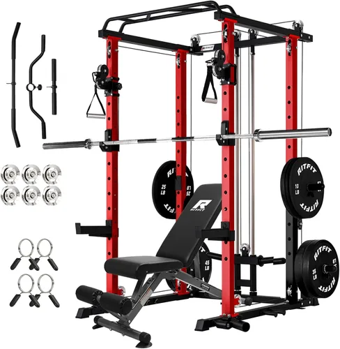 Miniatura 14 de RitFit El paquete multifunción de garaje y gimnasio en casa incluye jaula de potencia de 1200 libras PPC03/P3 con sistema de cruce de cables, banco
