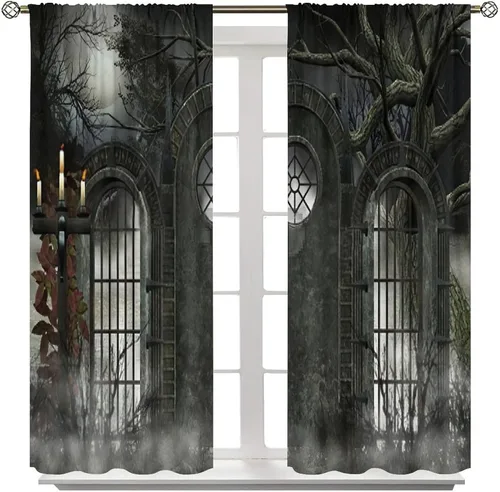 Miniatura 8 de Cortinas góticas con diseño de luna de Halloween, historia, puerta espeluznante, fondo de terror, vela, ficción, patrón de impresión, sala de estar