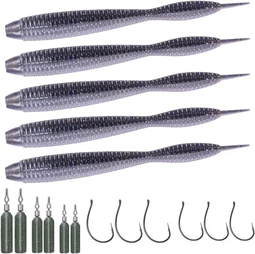 Aparejos de pesca de gusanos de plástico suave para lubina, gusanos de goma de 4 pulgadas, gusanos locos, cebos de cola recta, kit de 22 piezas con