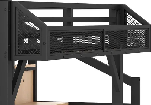 Miniatura 6 de SOFTSEA Cama alta individual XL con escaleras y almacenamiento, marco de cama de metal con puertos USB y luces LED, cama alta resistente con armario