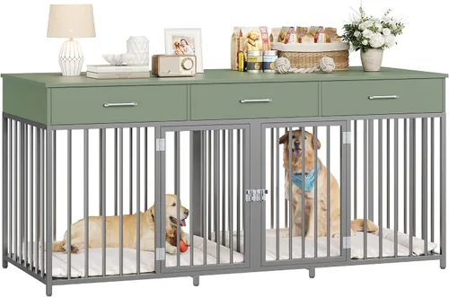 Miniatura 11 de HOSTACK Mueble doble para perros, perrera de 71 pulgadas de ancho para interiores con 3 cajones, jaula de granja para perros para 2 perros Gris