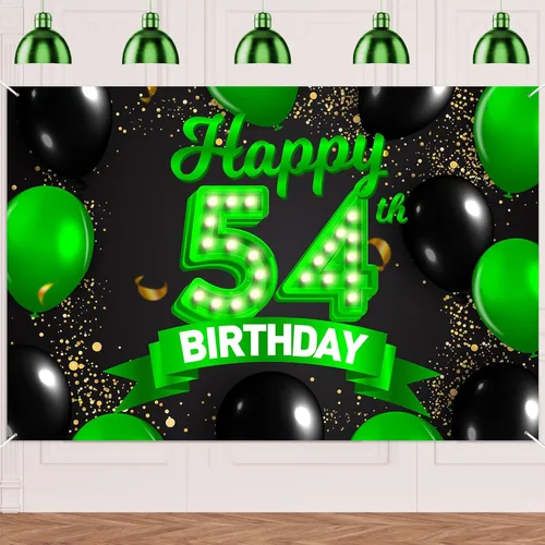 Miniatura 29 de Cartel de feliz cumpleaños 26 verde y negro, telón de fondo con texto en inglés "Cheers to 26 years old confeti", globos de confeti, decoración