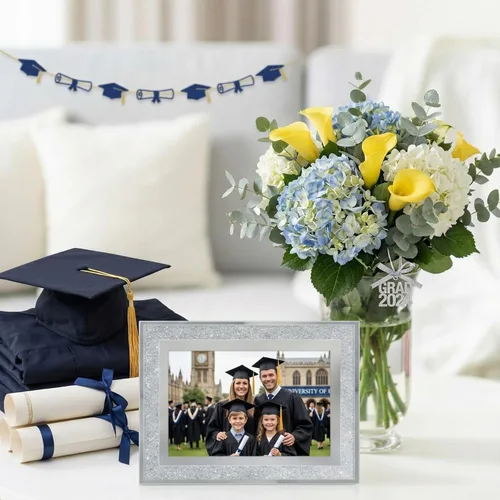Miniatura 6 de Queekay Paquete de 4 portarretratos de graduación con purpurina de 4 x 6 pulgadas, marco de fotos de espejo de cristal plateado para decoraciones