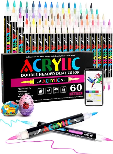 Brled Marcadores de pintura acrílica de 120 colores con 60 puntas de pincel de doble color, bolígrafos de pintura de control automático de tinta con