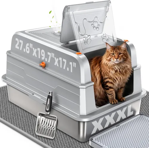Miniatura 11 de CATLIKE XXXL - Caja de arena de acero inoxidable para gatos, 3 capas de orina a prueba de fugas, diseño cerrado con filtro de carbón para Maine Coon