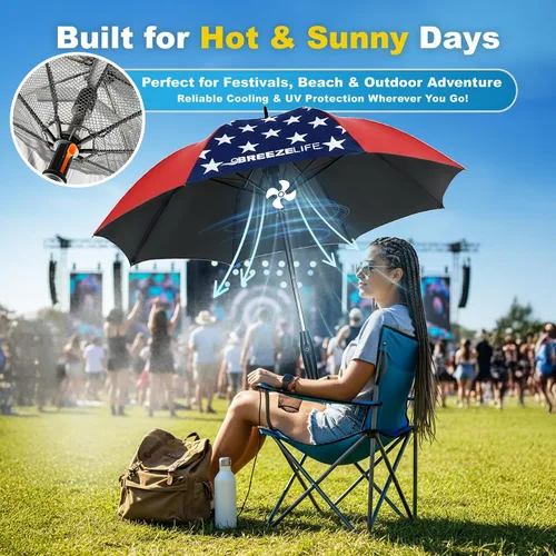 Miniatura 3 de Breeze Life - Sombrilla con ventilador y niebla, paraguas nebulizador con ventilador integrado, para festivales, playa y más, bloquea los rayos