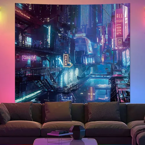 Miniatura 7 de Tapiz de Pared de Ciudad Anime Punk para Dormitorio, Tapices Japoneses Futuristas de Calle Nocturna de Neón Ciberpunk Estéticos, Fondo
