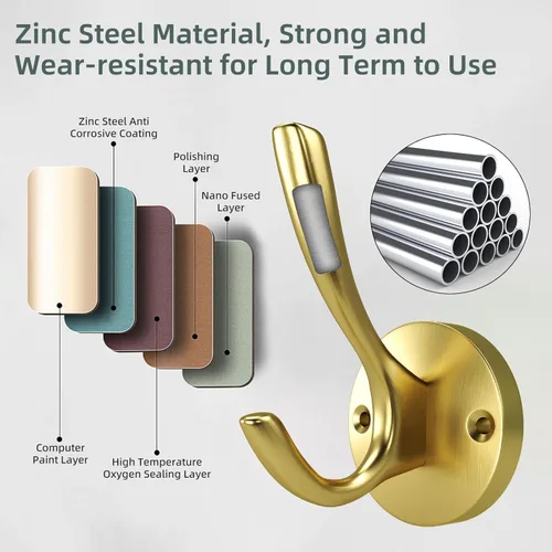 Miniatura 5 de Paquete de 4 ganchos dorados para toallas, ganchos de pared dorados cepillados, ganchos de metal resistentes para colgar abrigos y sombreros, gancho