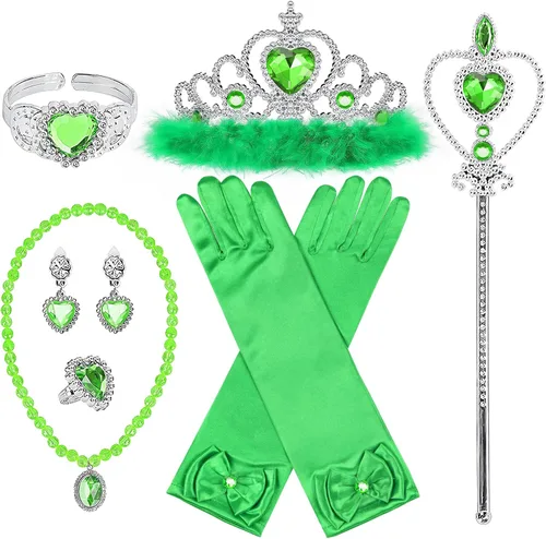 Miniatura 10 de Accesorios de disfraz de princesa BIBUTY, juego de 7 piezas para niñas pequeñas con corona de princesa, varita, guantes, collar, aretes, pulsera