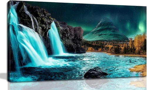 Miniatura 10 de Lienzo grande para pared de sala de estar, cuadros de cascada para pared, decoración de pared verde azulado, listo para colgar, tamaño 40 x 20 Verde