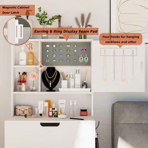 Miniatura 4 de Tocador pequeño con silla, espejo y luces, juego de mesa de maquillaje compacto para espacios pequeños, taburete de almacenamiento móvil