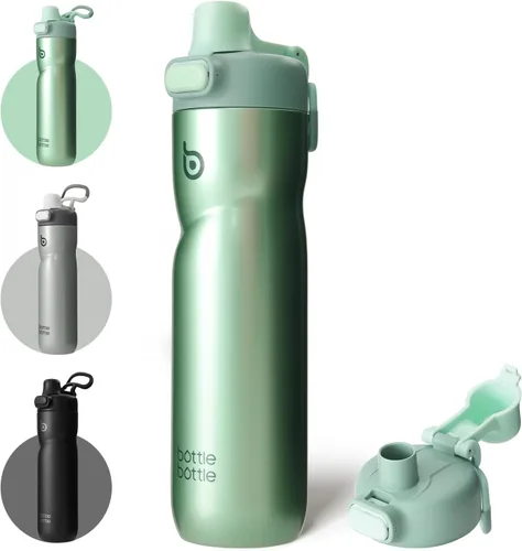 BOTTLE BOTTLE Botella de agua aislada de 24 onzas con asa y tapas abatibles, botella de agua de acero inoxidable con botón de presión, tapa a prueba