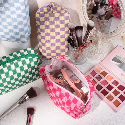 Miniatura 2 de SOIDRAM 6 Piezas Bolsa de Maquillaje a Cuadros Preppy Bolsa de Cosméticos a Granel Rosa Negra Bolsa de Maquillaje Personalizada Bolsa de Viaje de 6