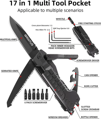 Miniatura 2 de Cuchillo multiuso 17 en 1 con varillas para iniciar fuego, abrebotellas, sierra, destornilladores, silbato, rompeventanas y más - Perfecto para Negro