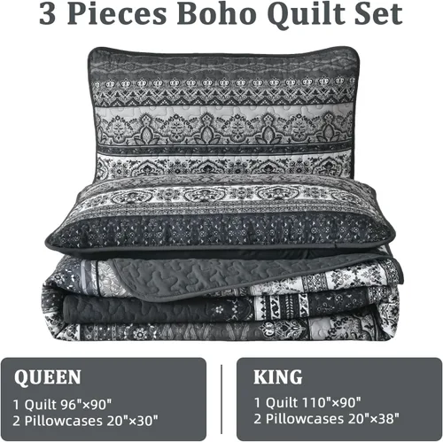 Miniatura 7 de WONGS BEDDING Juego de edredón bohemio tamaño Queen, juego de ropa de cama bohemio negro, colcha ligera para decoración de cama para todas