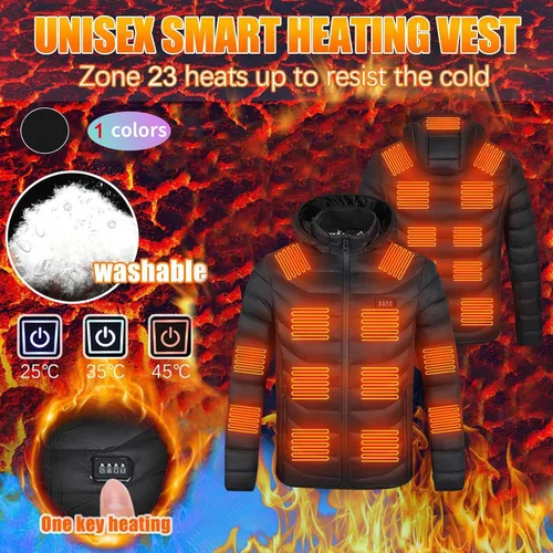 Miniatura 2 de Chaleco térmico unisex acolchado acolchado con capucha recargable USB para invierno cálido abrigo bolsillo