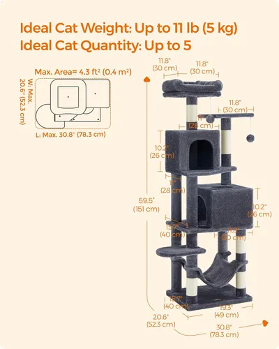 Miniatura 5 de Feandrea - Árbol para gatos de varios niveles para interiores, torre para gatos tipo condominio con 4 postes para rascar, 2 posaderos, hamaca y Gris