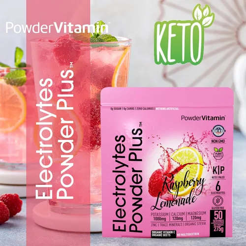 Miniatura 3 de Polvo de electrolitos PowderVitamin Plus (50 porciones) Polvo de electrolitos de frambuesa y limonada cero calorías Keto, 0 azúcar, sin