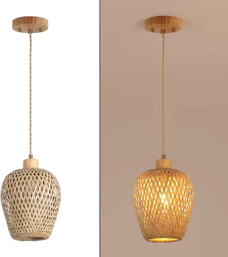Miniatura 7 de Lámpara colgante de bambú de una sola luz, cesta bohemia ajustable hecha a mano, tejida a mano, mini iluminación colgante para cocina, isla