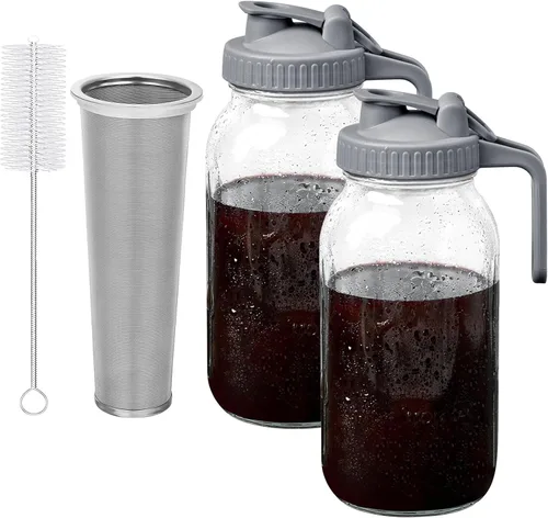 OneDream Cafetera de café frío, paquete de 2 tarros de jarra de acero inoxidable de 64 onzas, sin fugas, cafetera de tarro de masón, fácil de limpiar