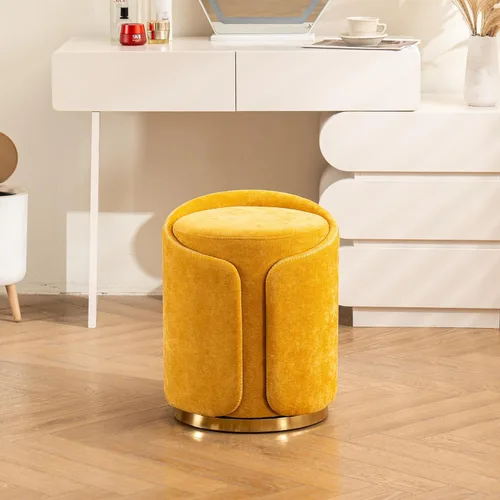 Miniatura 8 de Taburete Giratorio de Tocador con Base Dorada Cómoda Silla de Tocador Taburete Redondo Moderno para Tocador de Maquillaje Otomana de Tocador Beige