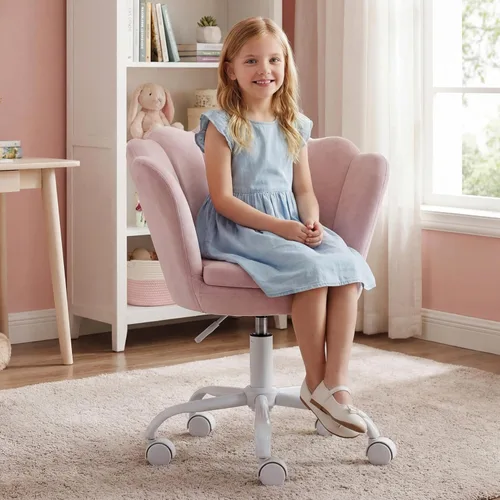 Miniatura 11 de Silla de escritorio de terciopelo para niños, bonita silla de computadora moderna tapizada, con brazo giratorio, silla de tocador ajustable