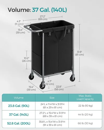 Miniatura 6 de SONGMICS Canasta de lavandería con ruedas, canasta rodante de lavandería de 2 secciones, 37 galones (140 L), forro extraíble, estructura de acero