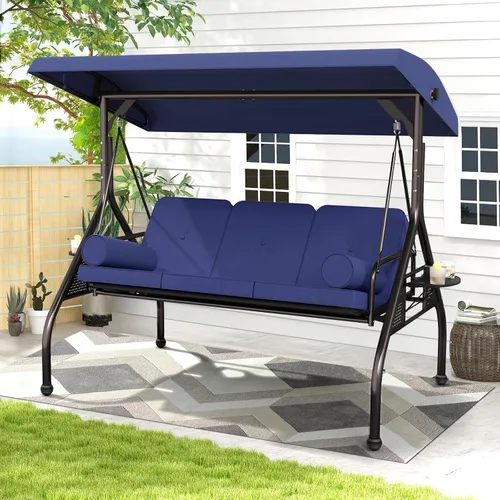 Miniatura 3 de Betterland Silla de columpio de 3 asientos para patio, columpio de porche al aire libre con cojines, almohadas y portavasos, columpio exterior Azul