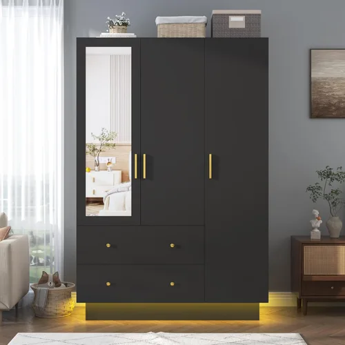Miniatura 10 de Armario de 3 puertas con espejo, armario LED con puertas y cajones, armario de almacenamiento de madera con barra para colgar, estantes ajustables