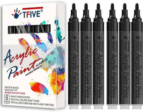 Rotuladores de pintura acrílica negra, punta media de 0.079 a 0.118 pulgadas, paquete de 6 bolígrafos de pintura permanente a base de agua negra