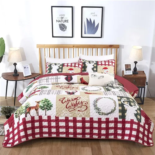 Miniatura 9 de WONGS BEDDING Juego de edredón de Navidad tamaño Queen, juego de ropa de cama con estampado de Papá Noel, alce, copo de nieve y árbol de Navidad