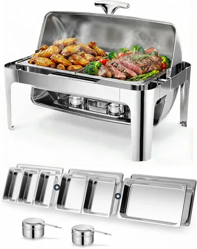Juego de Platos de Roce con Parte Superior Enrollable de 13QT para Buffet: Calentador de Alimentos para Catering para Fiestas, Bodas, Cumpleaños,