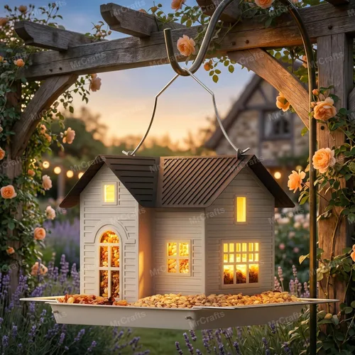 MrCrafts Comedero solar para pájaros – Comedero colgante de metal para pájaros con luces solares, linterna solar al aire libre, decoración de jardín