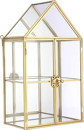 ELLDOO Caja de almacenamiento de cristal transparente de 2 niveles, estuche organizador de maquillaje de joyería con espejo dorado, caja de torre