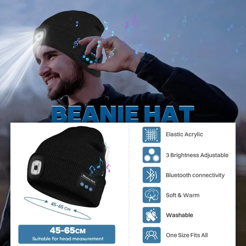 Miniatura 2 de Bosttor Gorro Bluetooth con luz, gorro para faros delanteros con auriculares y micrófono de altavoz integrado, regalos para hombres, mujeres