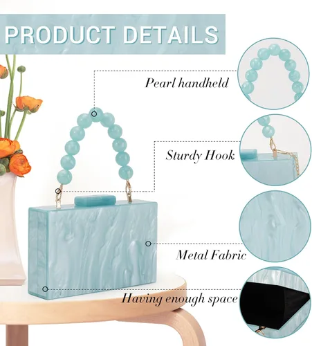 Miniatura 4 de Fecialy Bolso de mano de acrílico para mujer, bolso de noche con cuentas, bolso de mano de mármol, bolso formal para fiesta, novia, boda, bolso