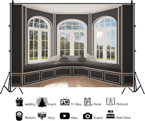 Miniatura 6 de Fondo de fotografía de habitación interior de 5 x 3 pies, para ceremonia de boda, pared negra, ventana de bahía, cajón, villa moderna, sala