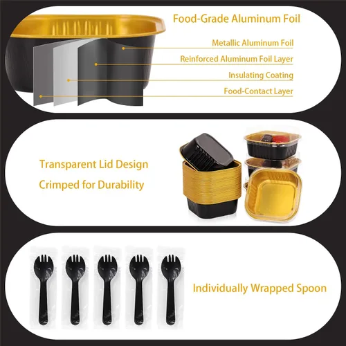 Miniatura 3 de FORBFAN Paquete de 150 mini moldes para pasteles de 10 onzas con tapas y cucharas, tazas cuadradas de postre de papel de aluminio negro y dorado